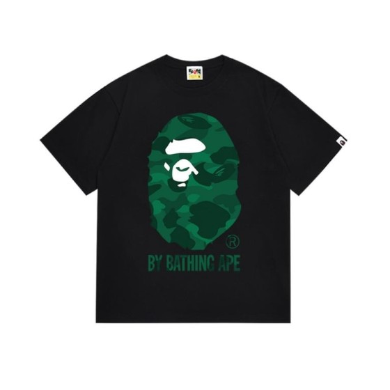 Black BAPE T-Shirt with Green Camo Ape Head and "BY BATHING APE" Logo